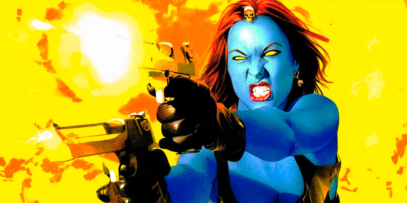 Mystique shooting her pistols at an unseen target. Image