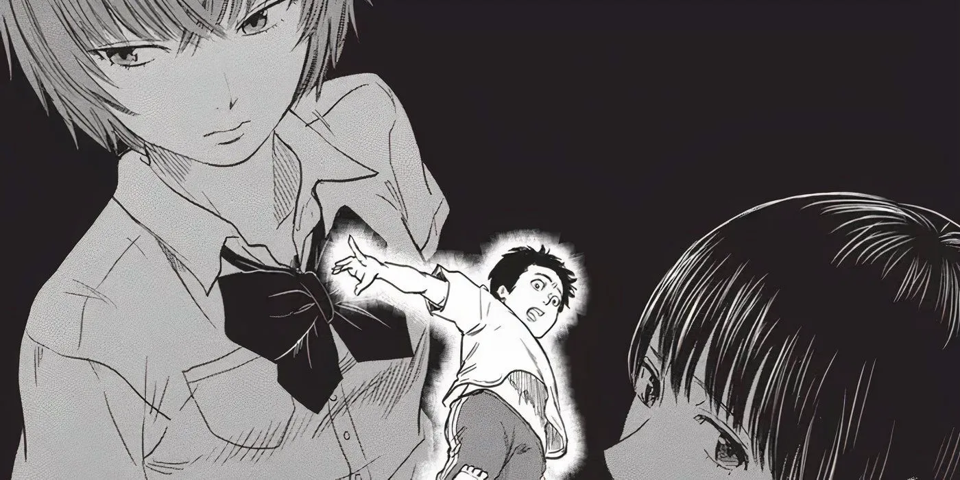 Nakamura, Nanako, and Takao from an inside cover of The Flowers of Evil. Image