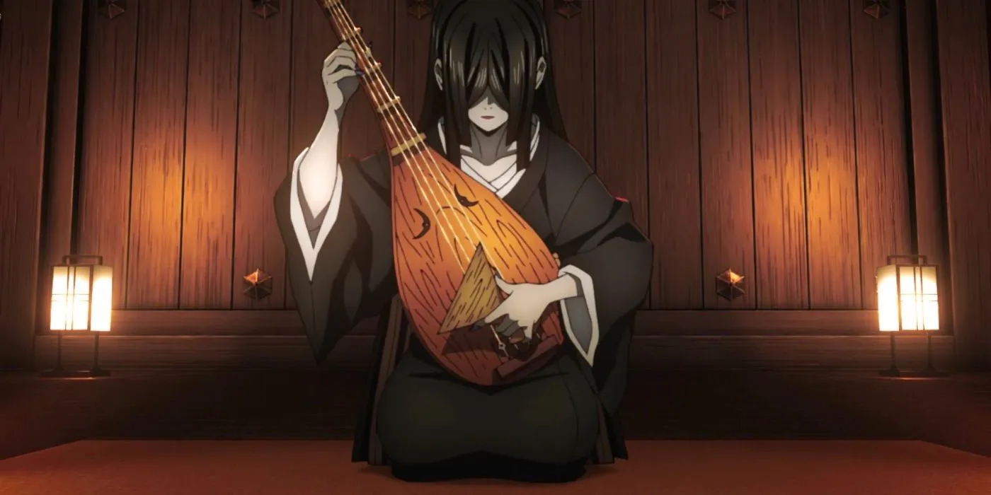 Nakime playing instrument and sitting against a wall in Demon Slayer Image