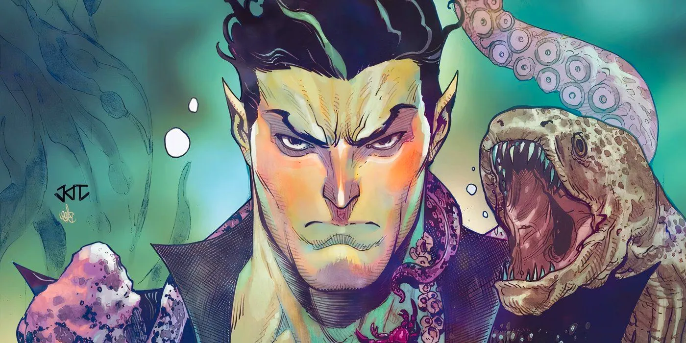 Namor the Submariner underwater holding an eel.  Image