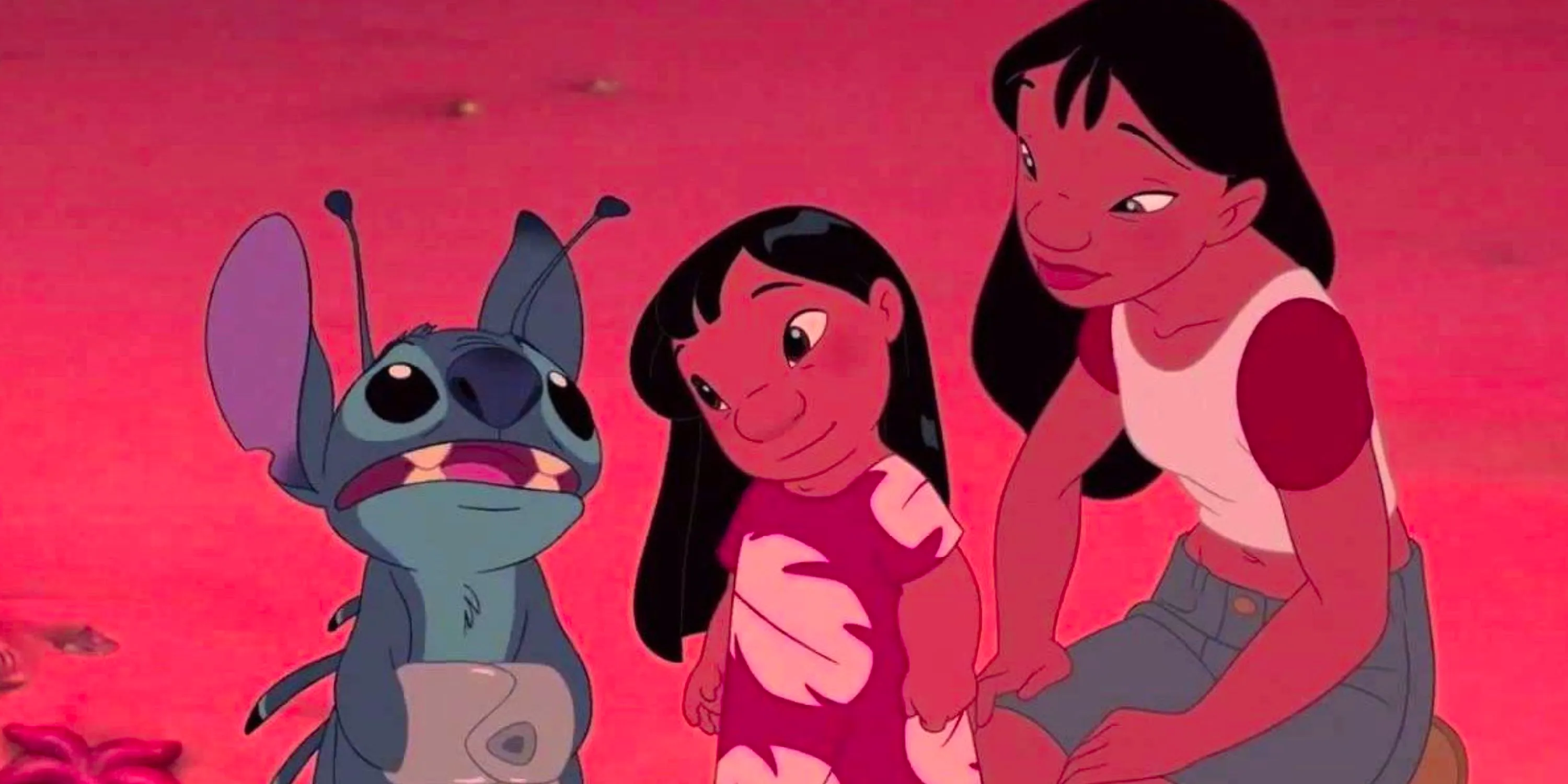 Nani and Lilo looking at Stitch as he talks at the end of Lilo and Stitch (2002) Image