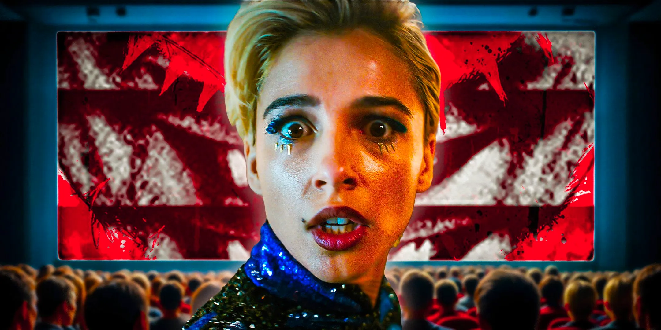 Naomi Scott as Skye Riley in Smile 2 in front of a movie theater screen Image