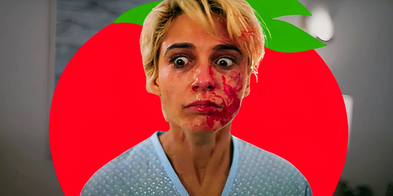 Naomi Scott as Skye Riley in Smile 2 with a Rotten Tomatoes logo behind her head Image