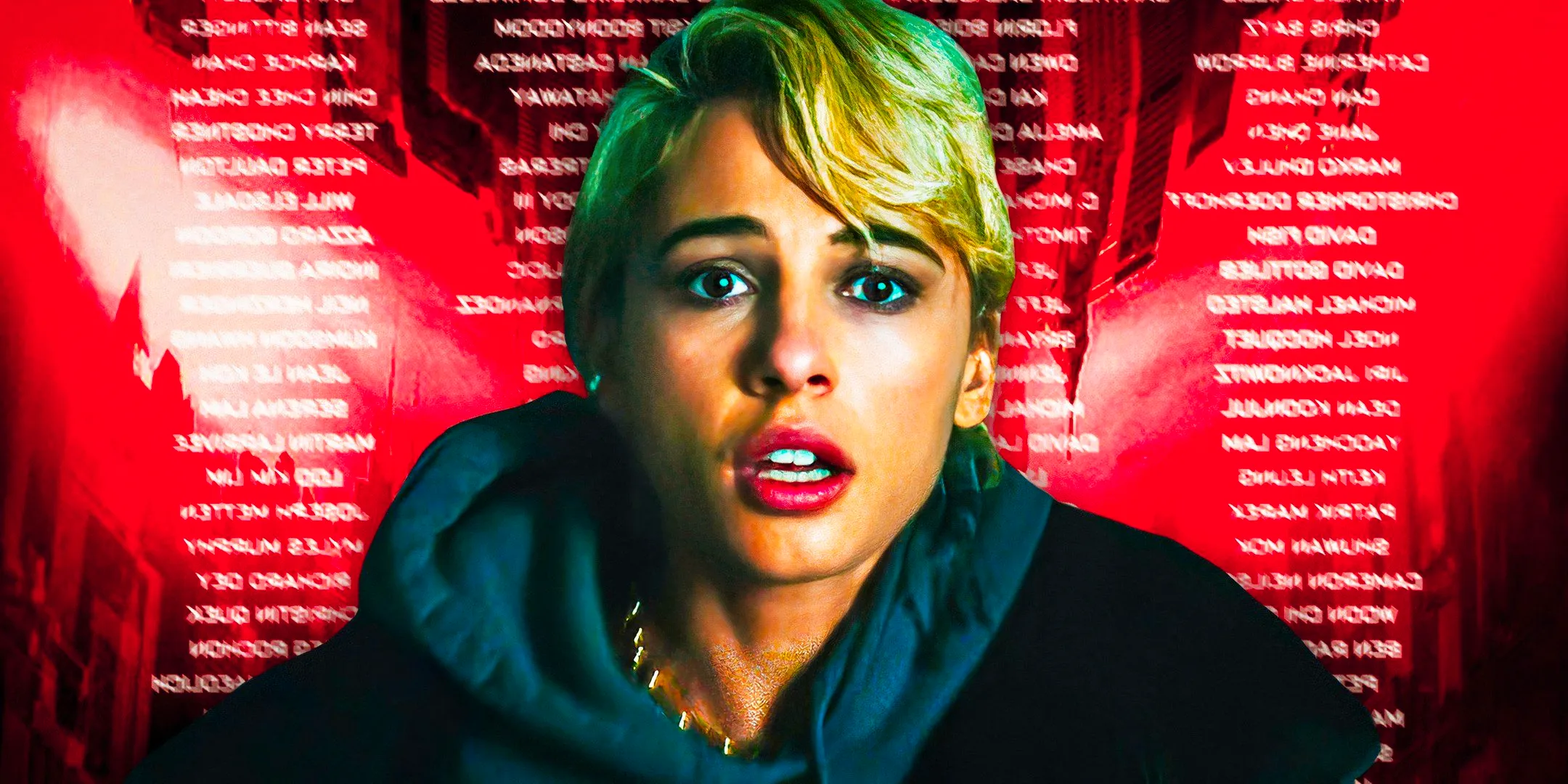 Naomi Scott as Skye Riley in Smile 2 with credits behind her Image