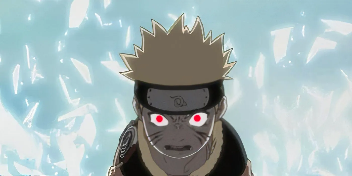 Naruto anime Episode 17 after Haku get's punched by the enraged Naruto as his eyes glow read and Haku's ice Glass Breaks around him as he coldy stares down his foe. Image