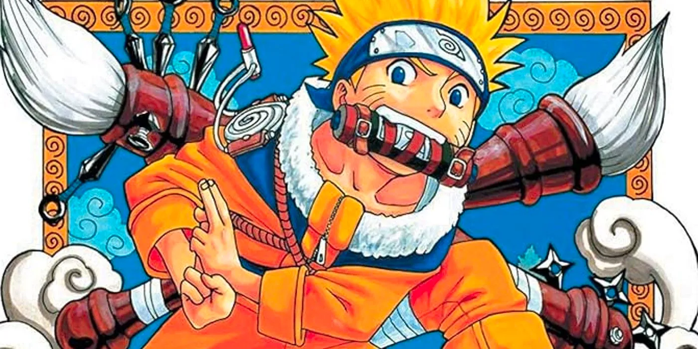 Naruto from the first volume of the manga making a hand sign and holding a scroll in his mouth. Image