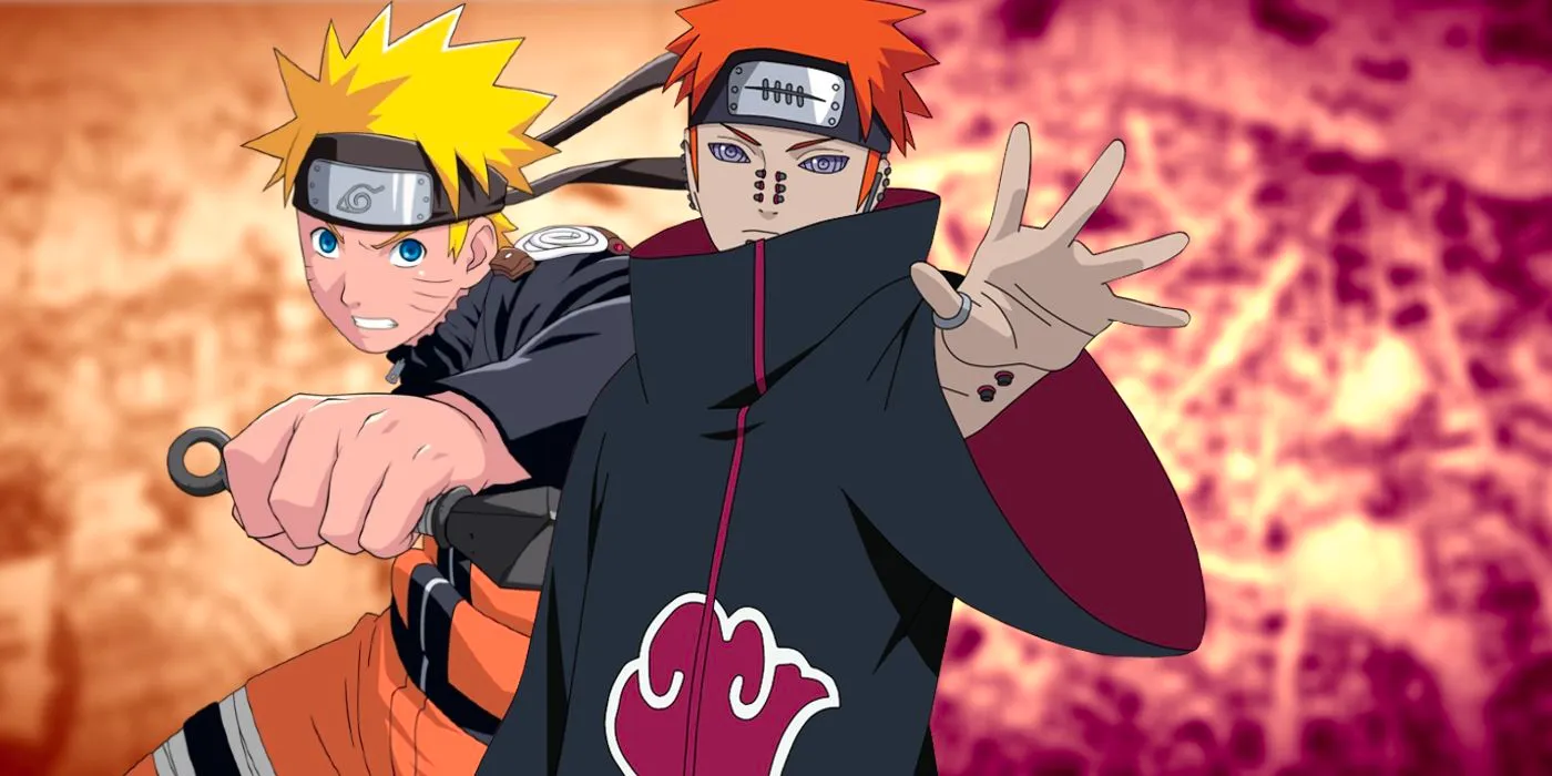 Naruto's battle with Pain over manga panels. Image