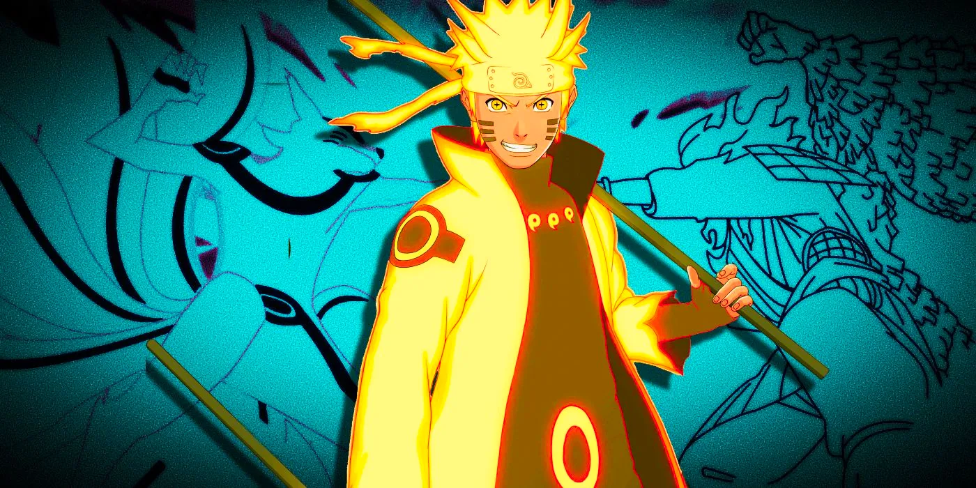 Naruto's Sage of Six Paths Mode smiling over an image of Naruto's Nine tails form and Sasuke's Susanoo colored bright blue. Image