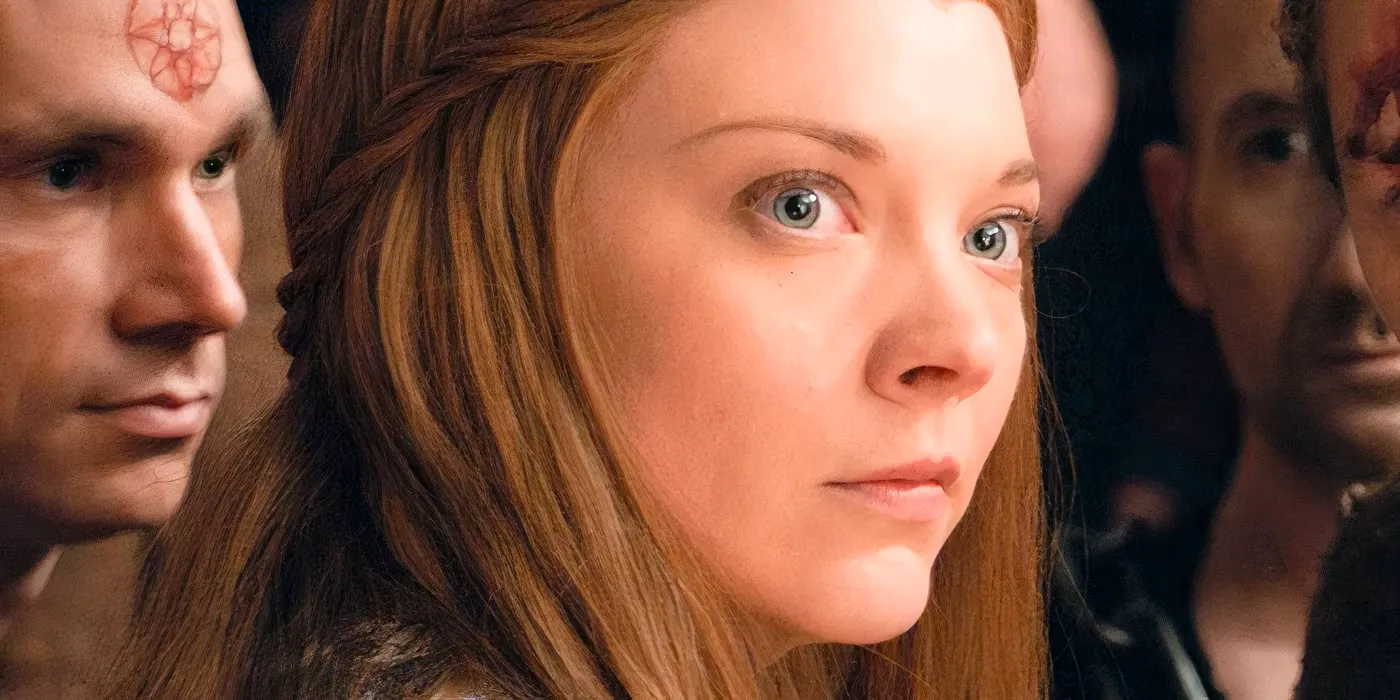 Natalie Dormer as Margaery Tyrell looking over her shoulder with a shocked expression in Game of Thrones Image