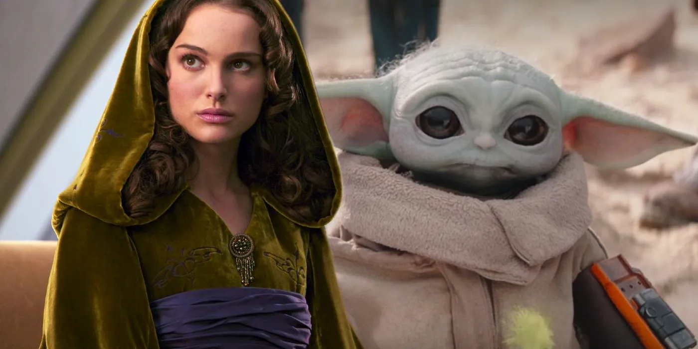 Natalie Portman as Padme Amidala next to Grogu from The Mandalorian season 3 Image