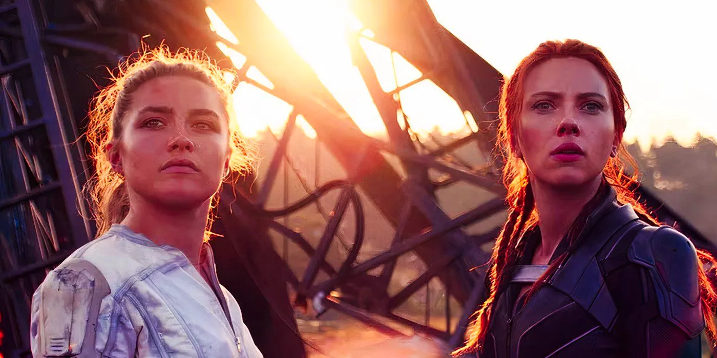 Natasha Romanoff and Yelena Belova in the ruins of the Red Room in Black Widow Image