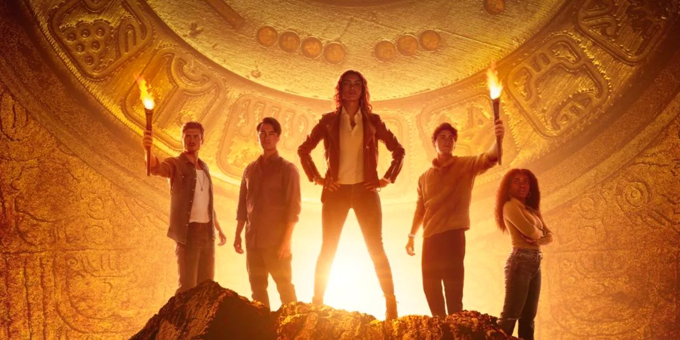 National Treasure: Edge of History promo art with the main cast in a cave by torchlight. Image