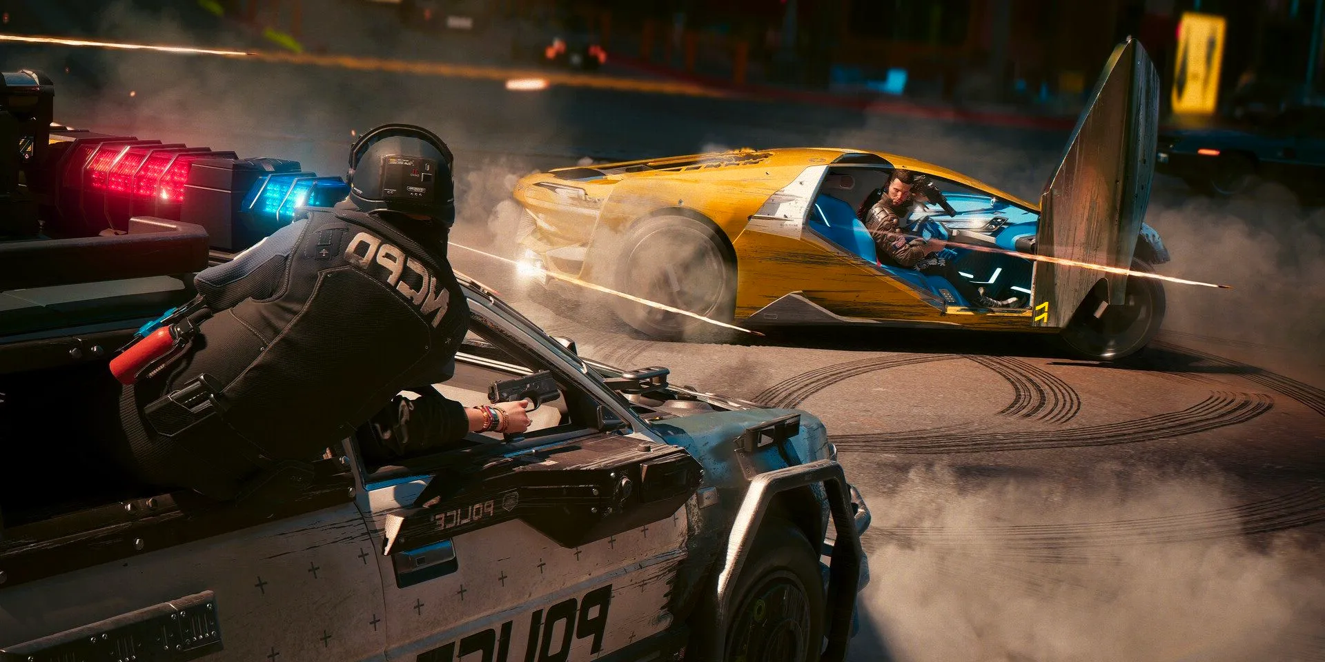 NCPD shooting at a yellow car in Cyberpunk 2077. Image