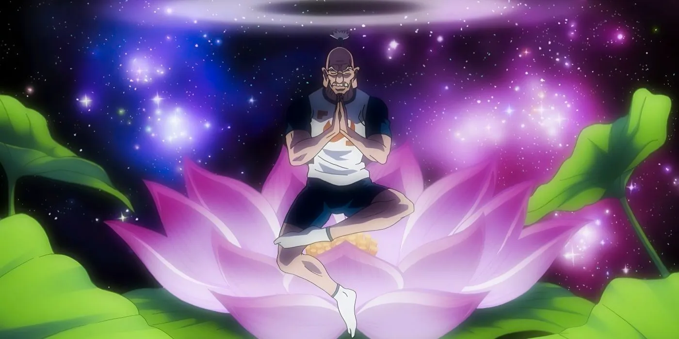 Netero activates his Nen ability and prays during his fight with Meruem in Hunter x Hunter. Image