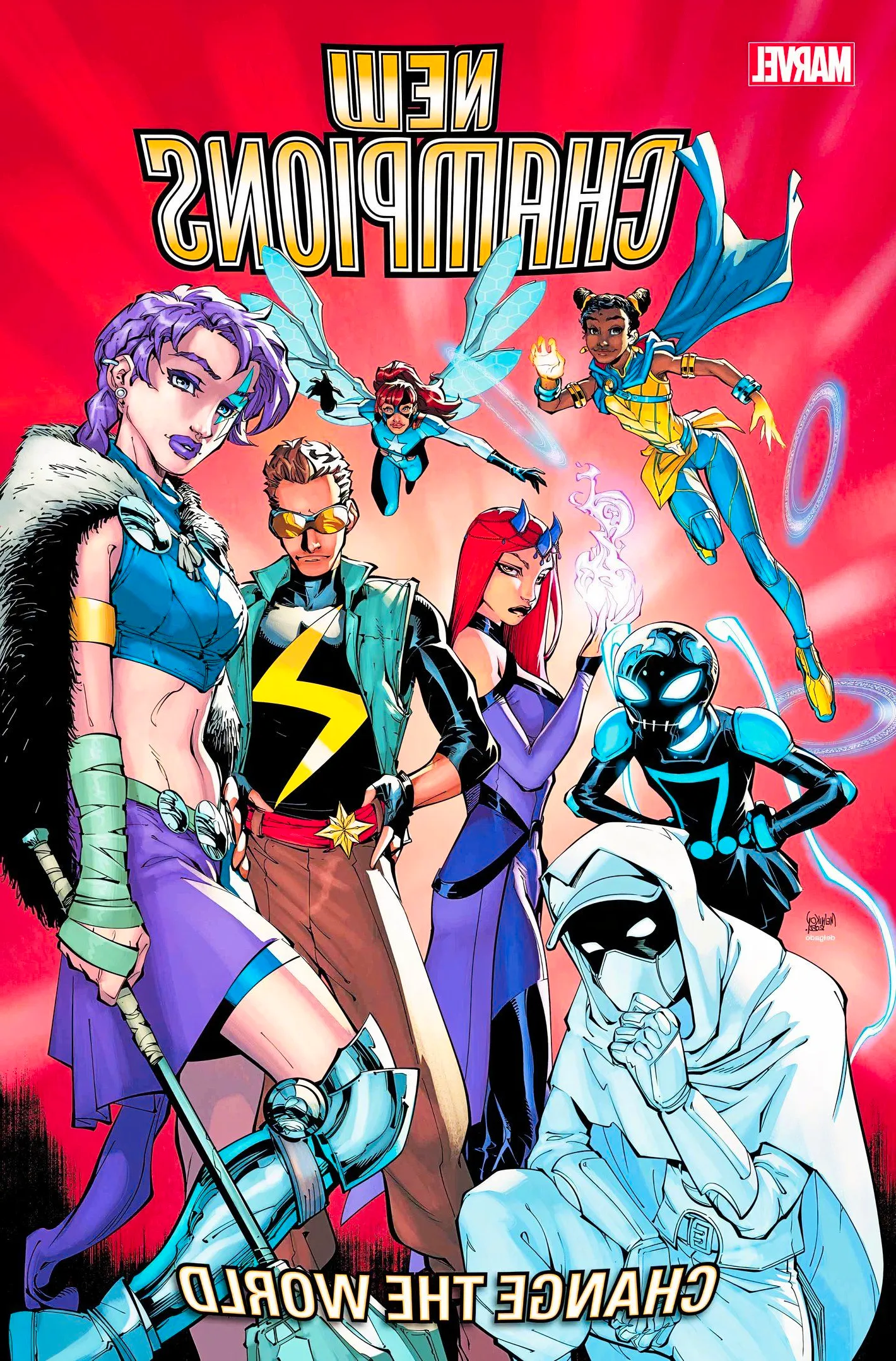 New Champions #1 main cover, the new team of young heroes against a red backdrop Image