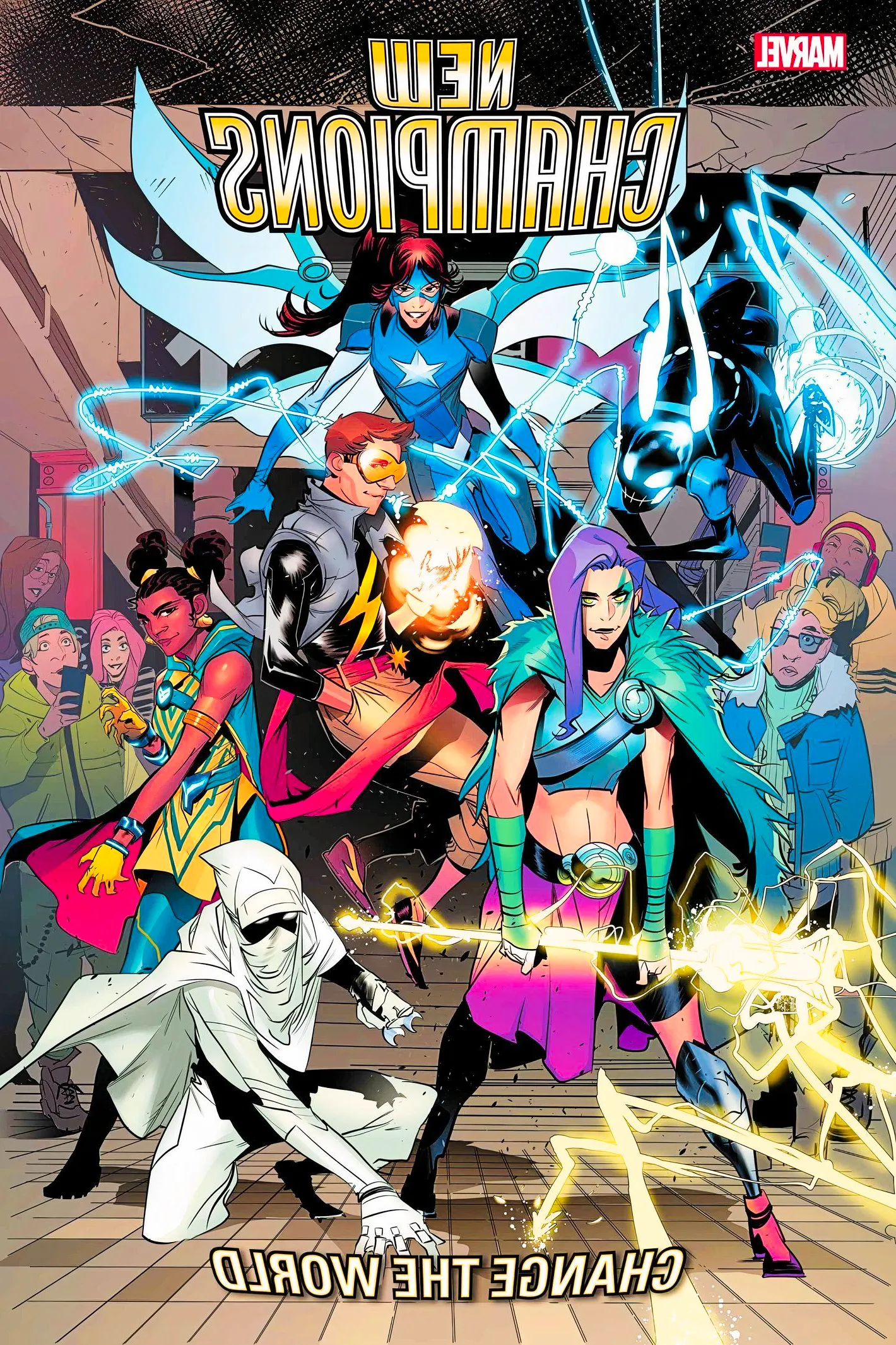 New Champions #1 variant cover, the superteam in front of a crowd of spectators Image