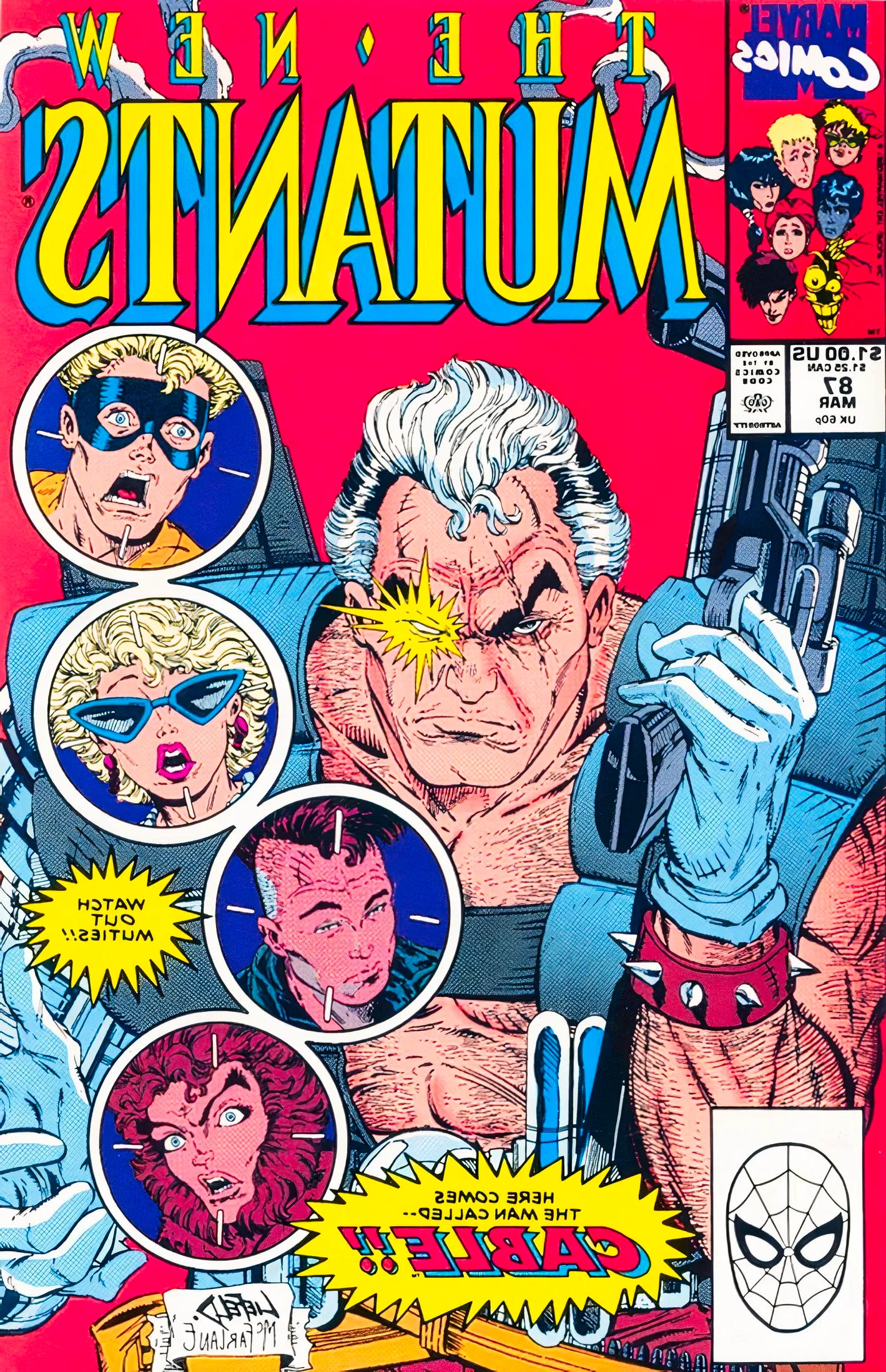 New Mutants #87 cover, featuring the first appearance of Cable, alongside the main cast of the book Image