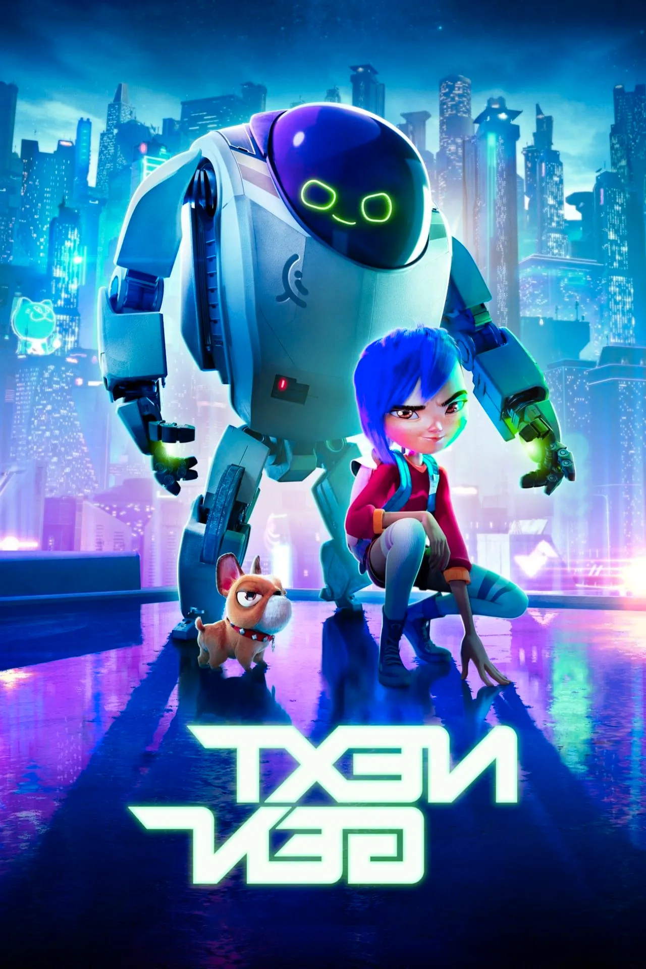 Next Gen Movie Poster Showing a Girl with Purple Hair Standing by a Robot and a Dog Image