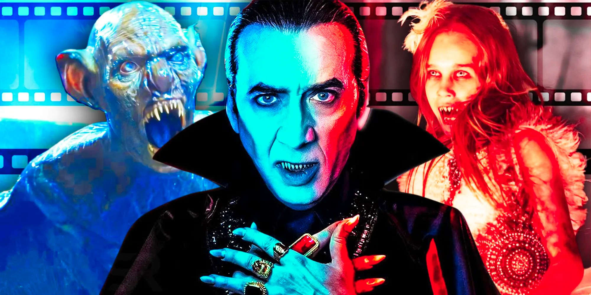 Nic Cage from Renfield, Alisha Weir from Abigail and the Dracula creature from The Last Voyage of the Demeter Image