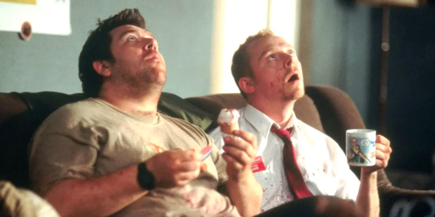 Nick Frost as Ed and Simon Pegg as Shaun looking up at the ceiling in Shaun of the Dead. Image