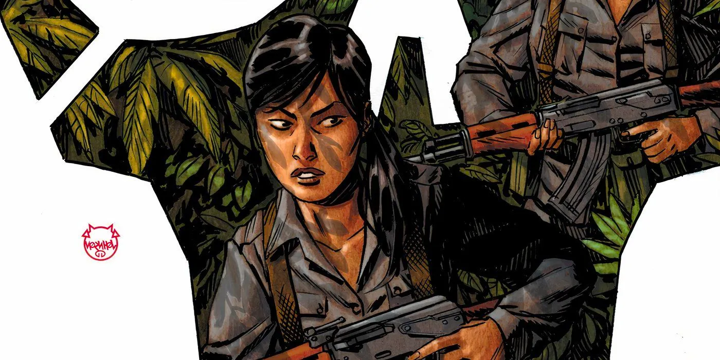 Nick Fury's daughter, Bian, in war paint with a gun, walking through the jungle. Image