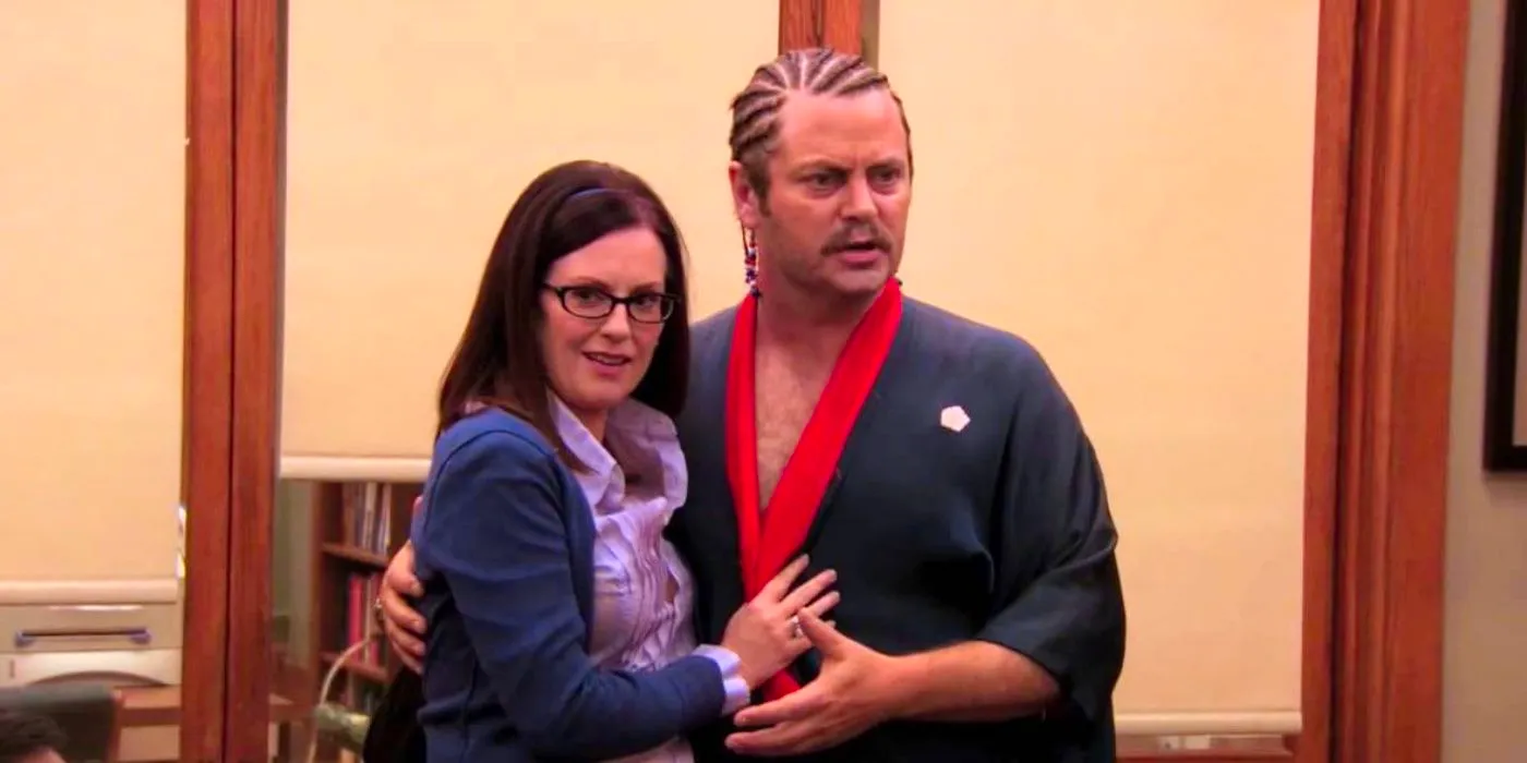 Nick Offerman as Ron Swanson and Megan Mullally as Tammy embracing in Parks and Recreation Image