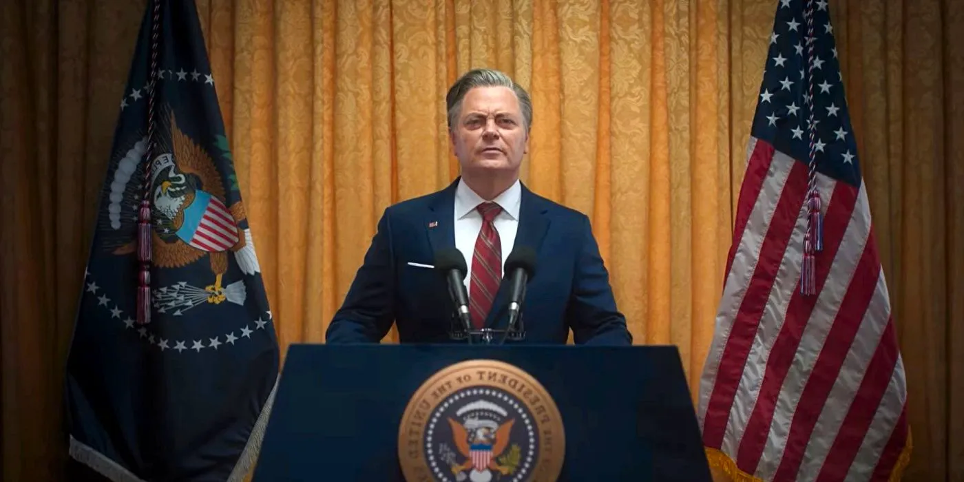 Nick Offerman as the President of the United States in the 2024 film Civil War. Image