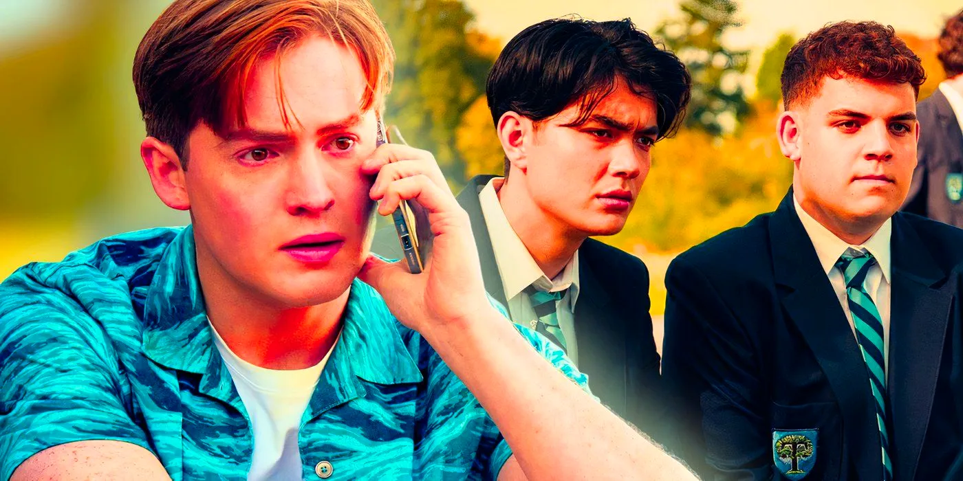 Nick talks on the phone collaged with Tao and Isaac at school in Heartstopper season 3 Image