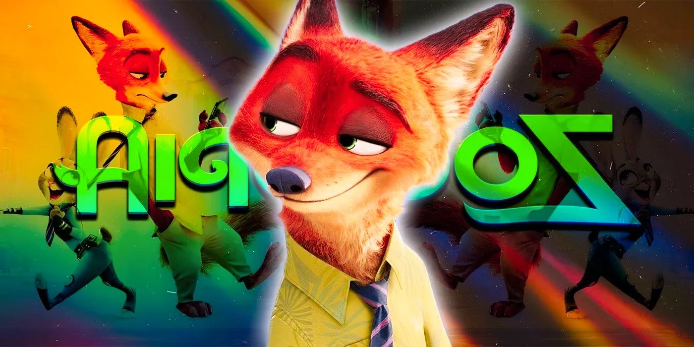 Nick Wilde, the fox from Zootopia, with the film's logo behind him. Image