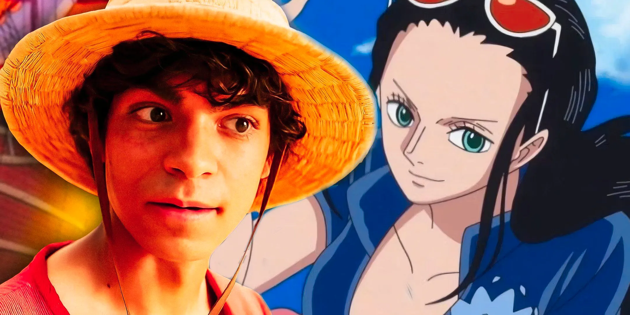 Nico Robin smiling in One Piece anime next to Luffy looking thoughtful in One Piece live action Image