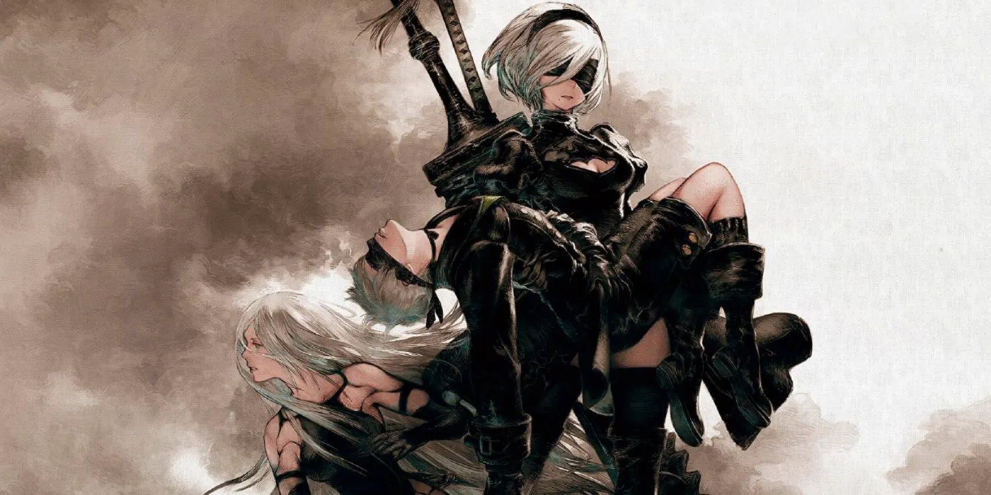 NieR:Automata key art featuring 2B carrying 9S and A2 in the background. Image