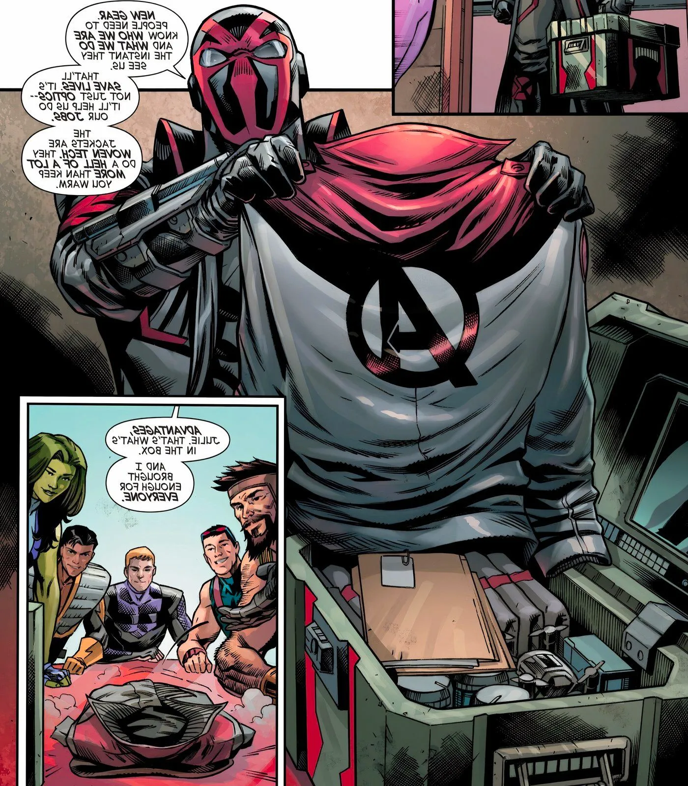 Night Thrasher showing off the Avengers' new costumes. Image