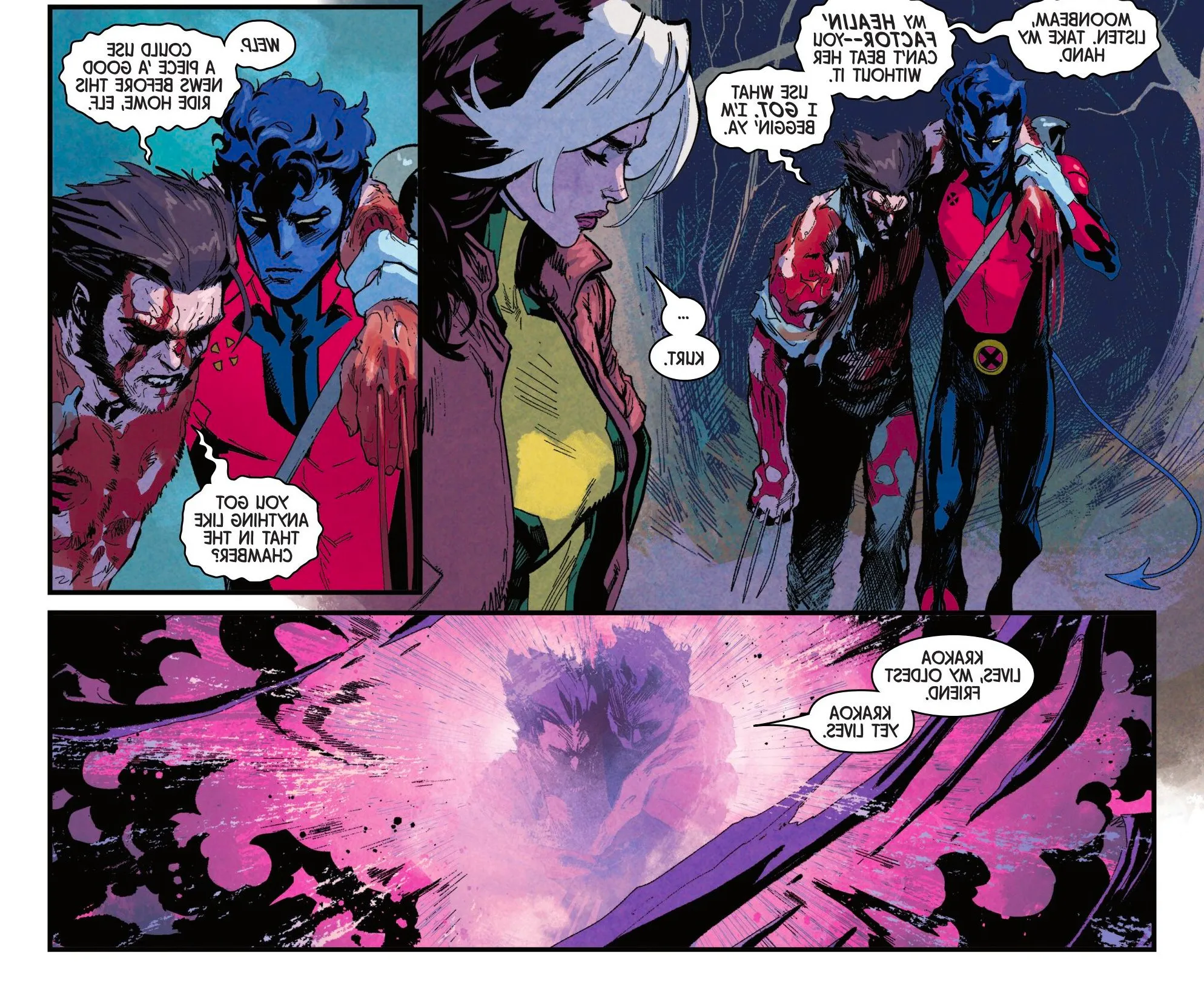 Nightcrawler comforts a bloodied Wolverine in Uncanny X-Men (2024) #4 by telling him that 'Krakoa yet lives' Image