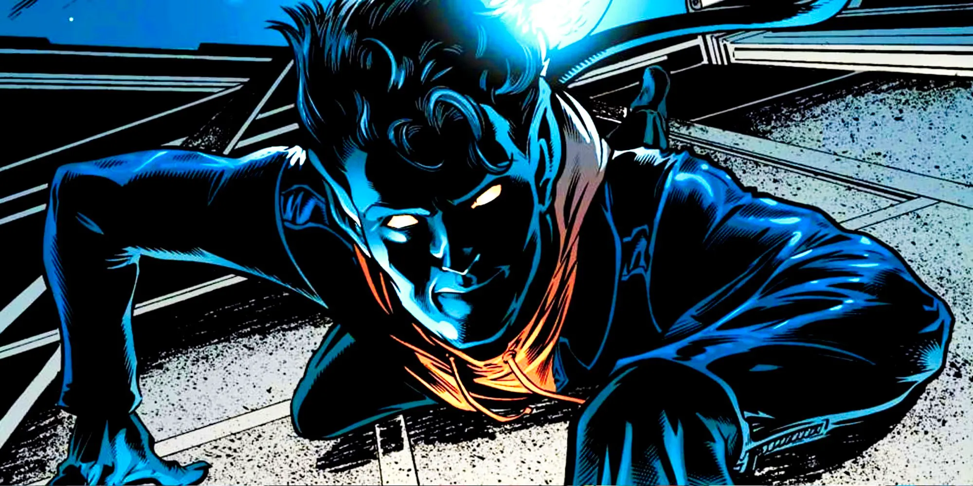 Nightcrawler crawls up a wall in the comics Image