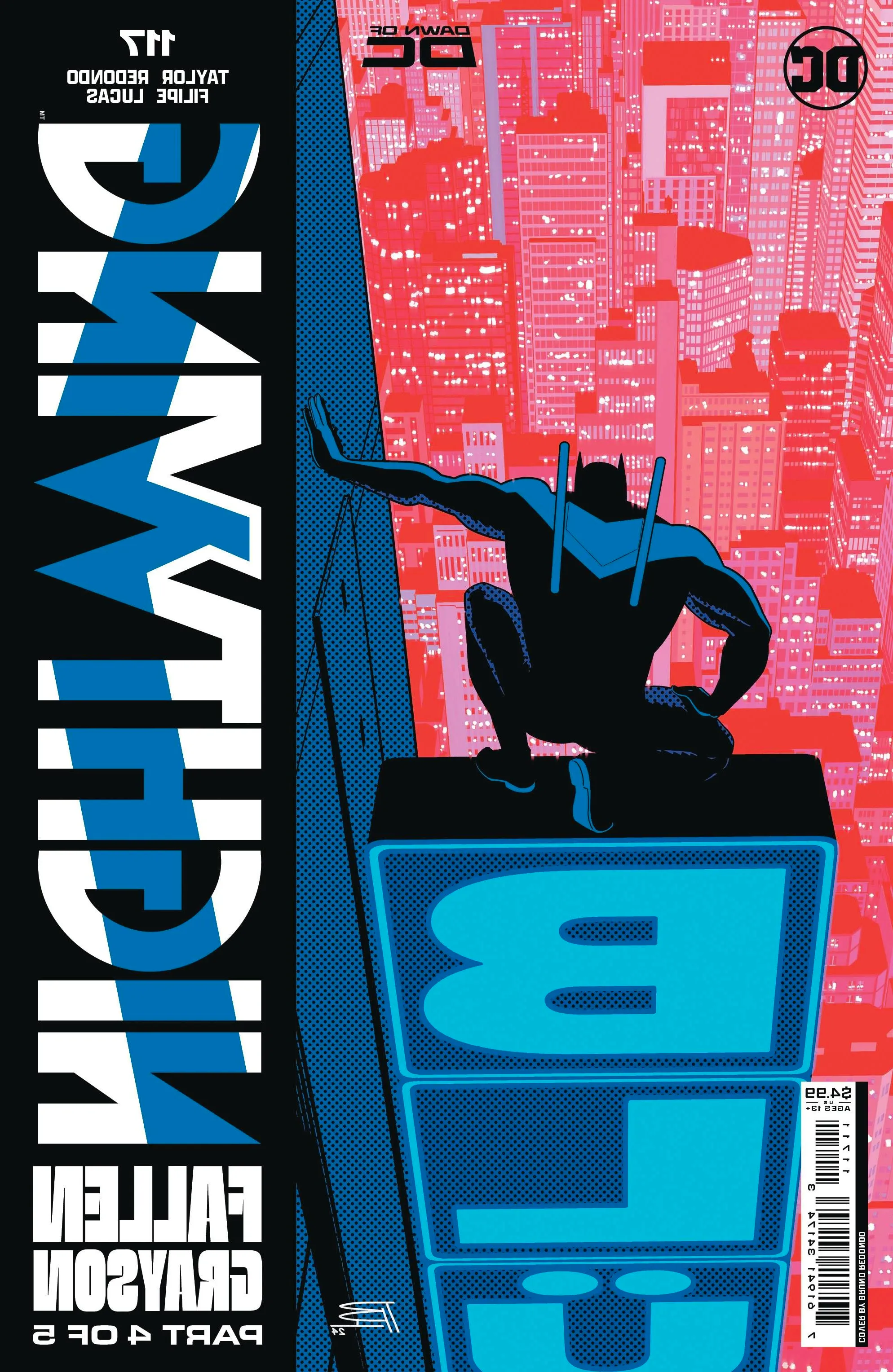 Nightwing 117 Main Cover: Batman dressed as Nightwing crouches on a sign in Bludhaven. Image