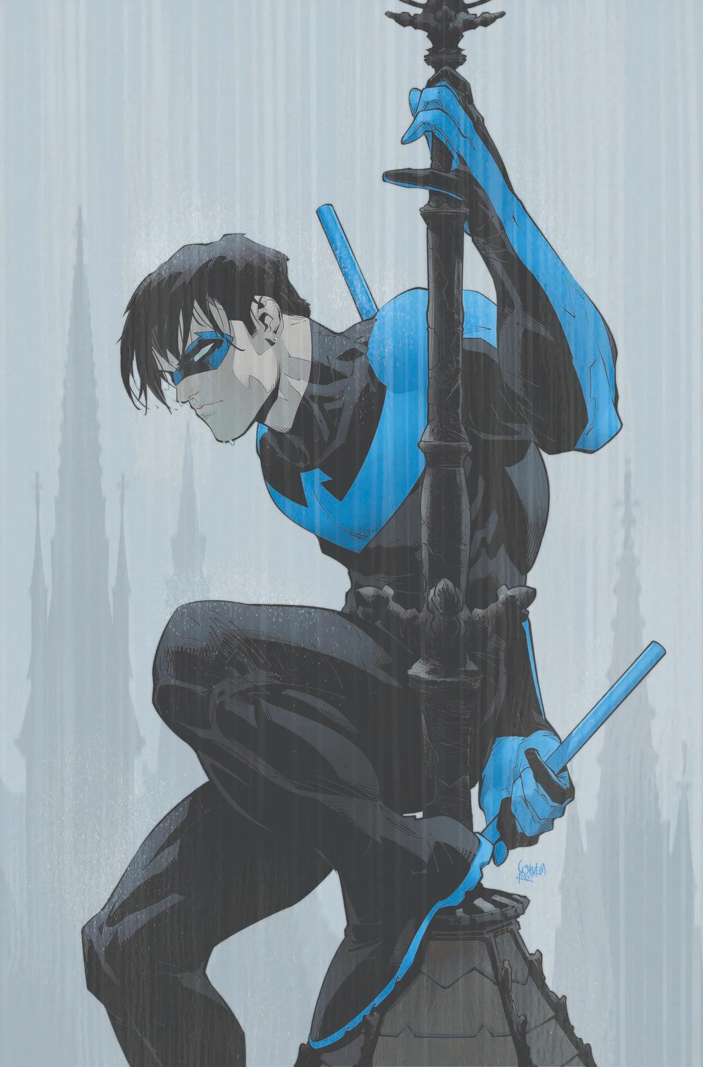 Nightwing 119 Melnikov Variant Cover: Nightwing sits on a turret in the rain. Image