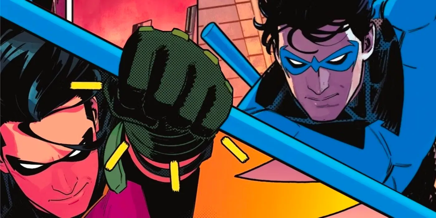 Nightwing in costume on the left and Tim Drake's Robin on the right  Image