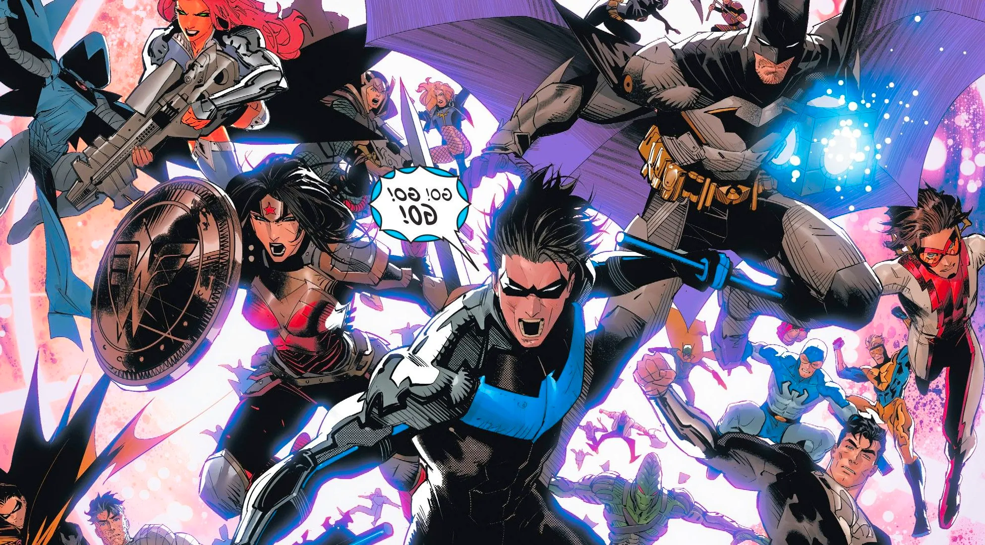 nightwing leads superman, wonder woman and batman into battle Image