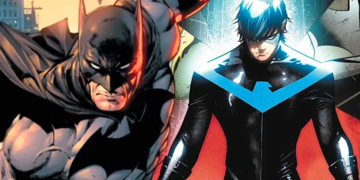 Nightwing (left) and Batman (right) Side by side images of both heroes in costume. Image