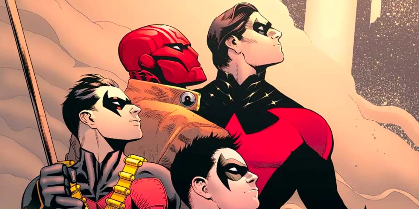 Nightwing, Red Hood, Robin, and Damian Wayne looking in the same direction Image