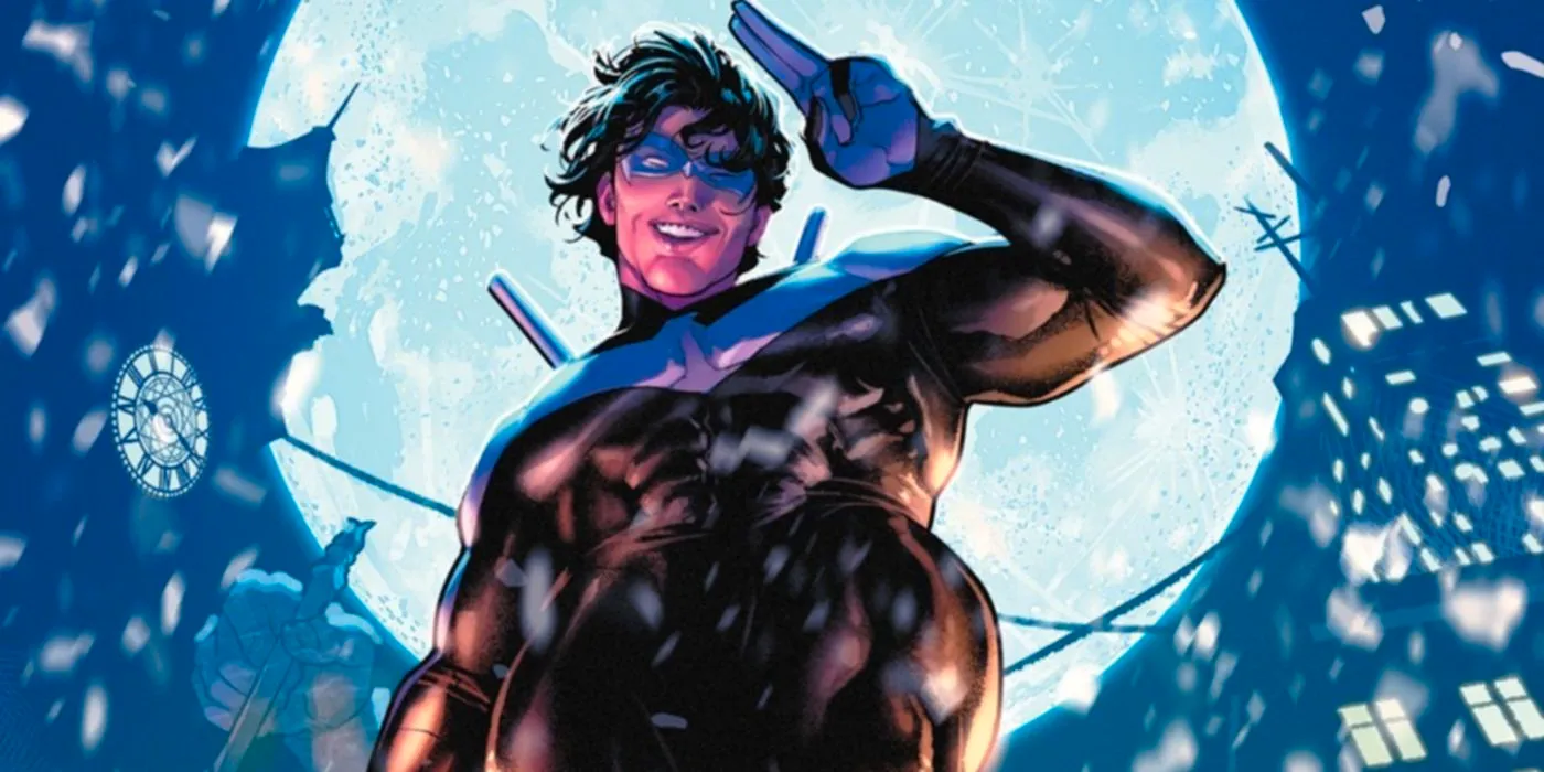 Nightwing smiling and saluting in DC Comics. Image