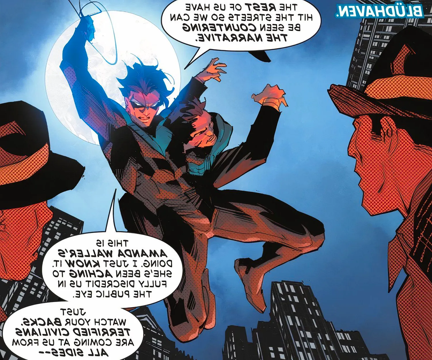 Nightwing Swinging Through Streets While People Look On DC Image