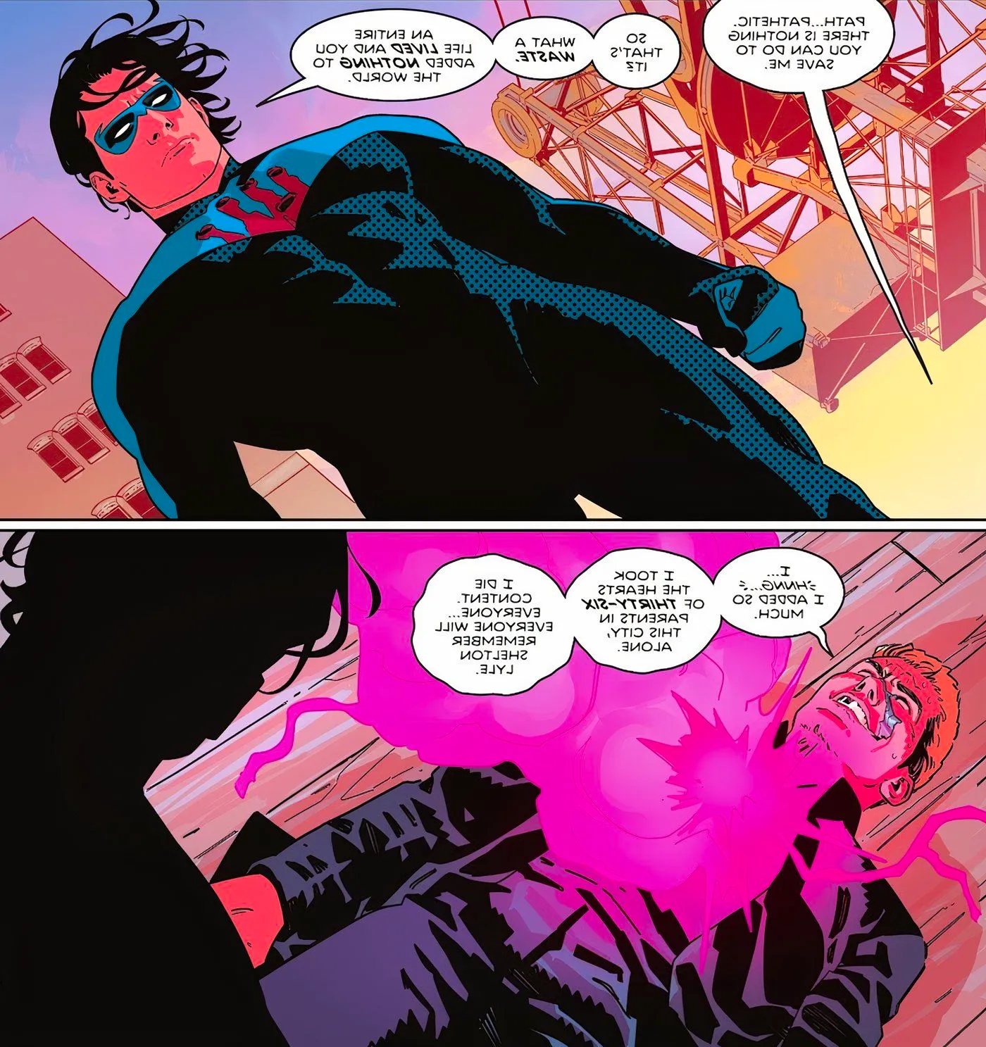 Nightwing tells Heartless he's a waste, while Heartless brags about the people he killed and says he will always be remembered Image