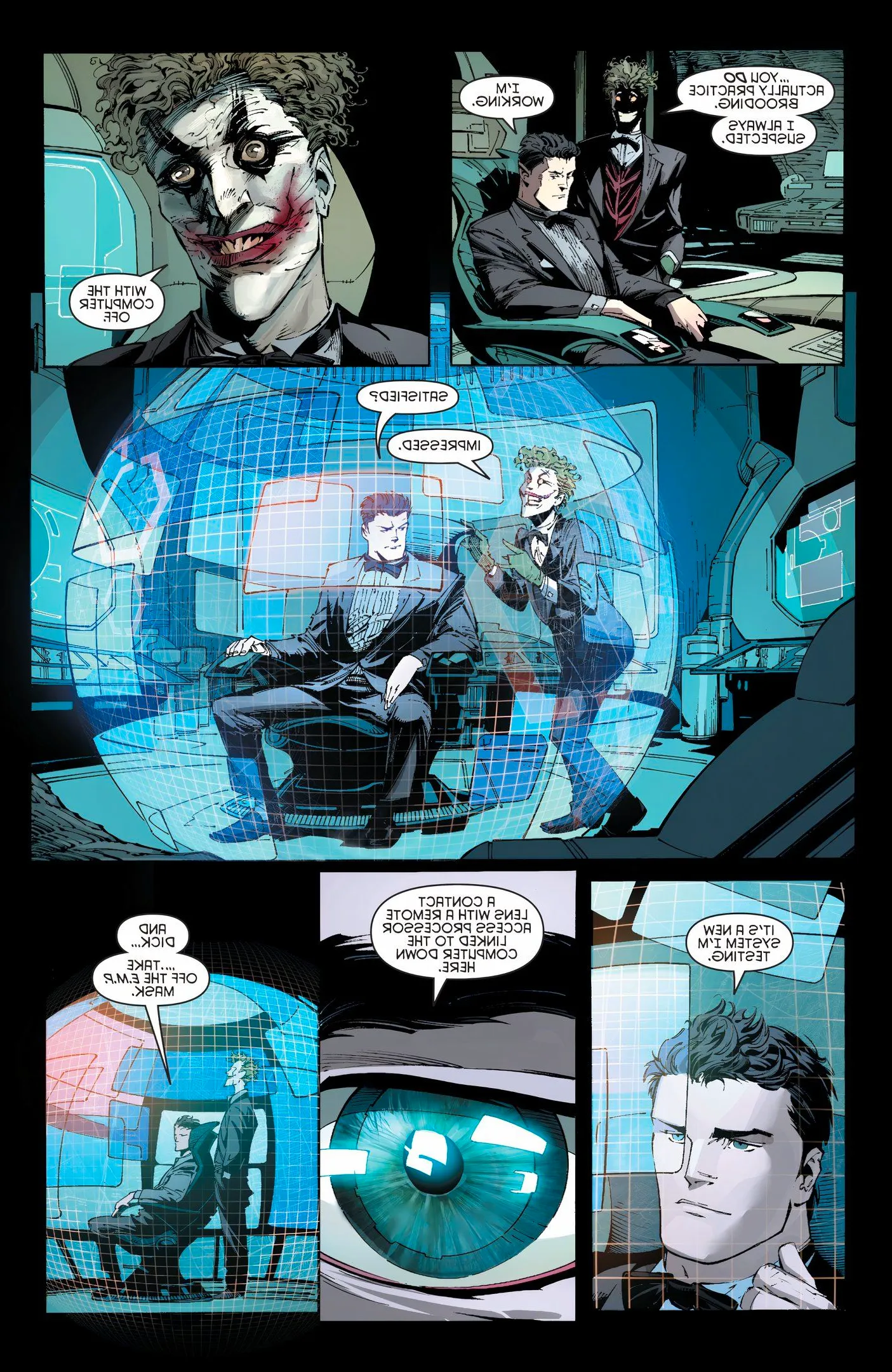 Nightwing Wearing A Joker Mask Talking To Bruce Wayne In The Batcave Image