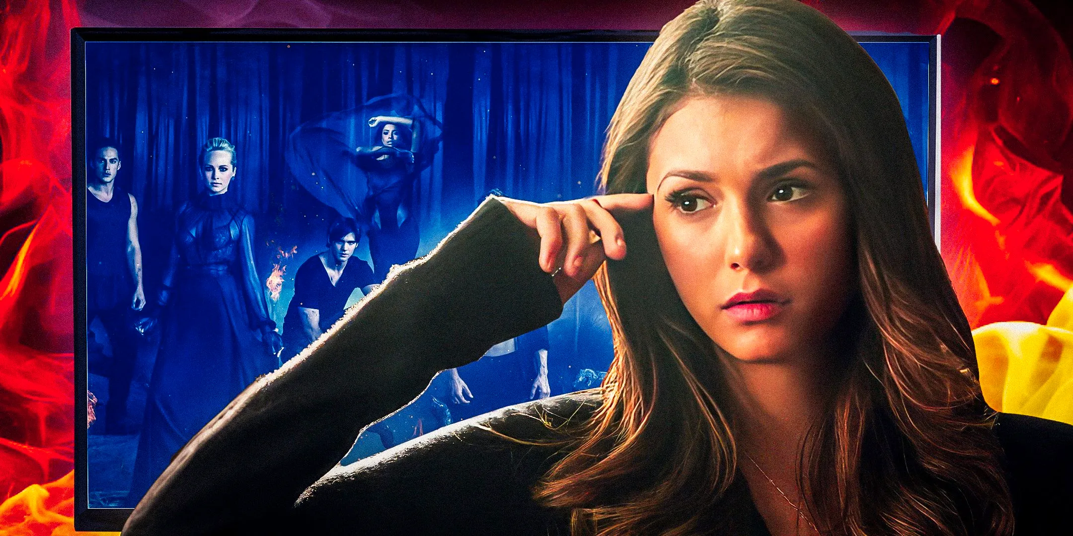 Nina Dobrev as Elena Gilbert looking serious in front of a TV screen with The Vampire Diaries cast on it Image