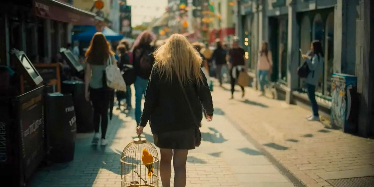 Nina holding her birdcage, walking down the street in The Watchers Image