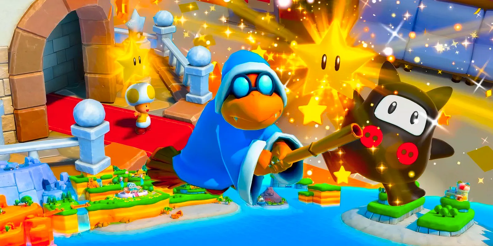 Ninja and Toad hold stars in Super Mario Party Jamboree, while Kamen looks into the camera in the centre of the image. Image