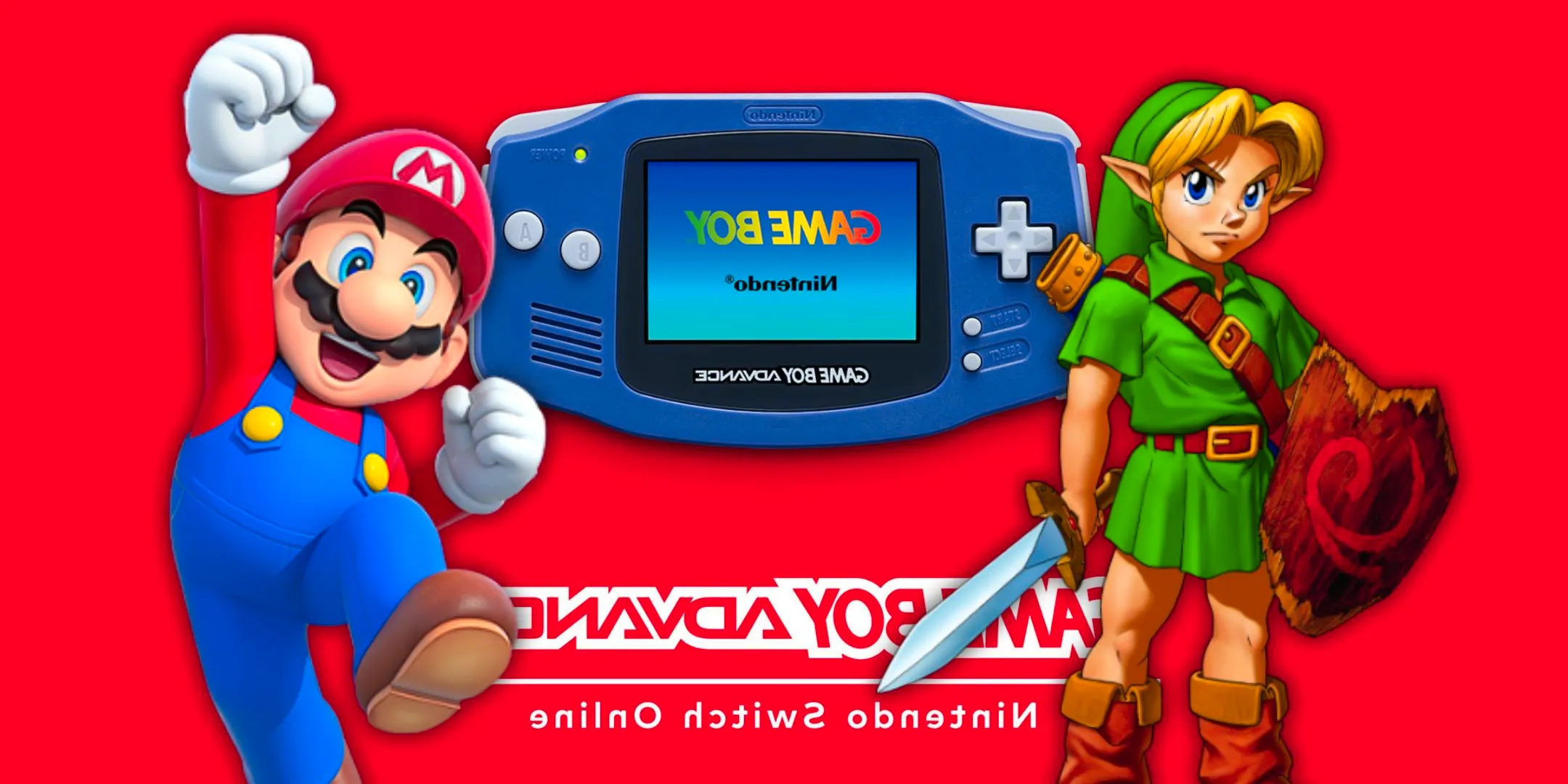 Nintendo Switch Online Game Boy Advance with Link and Mario standing on either side of it Image