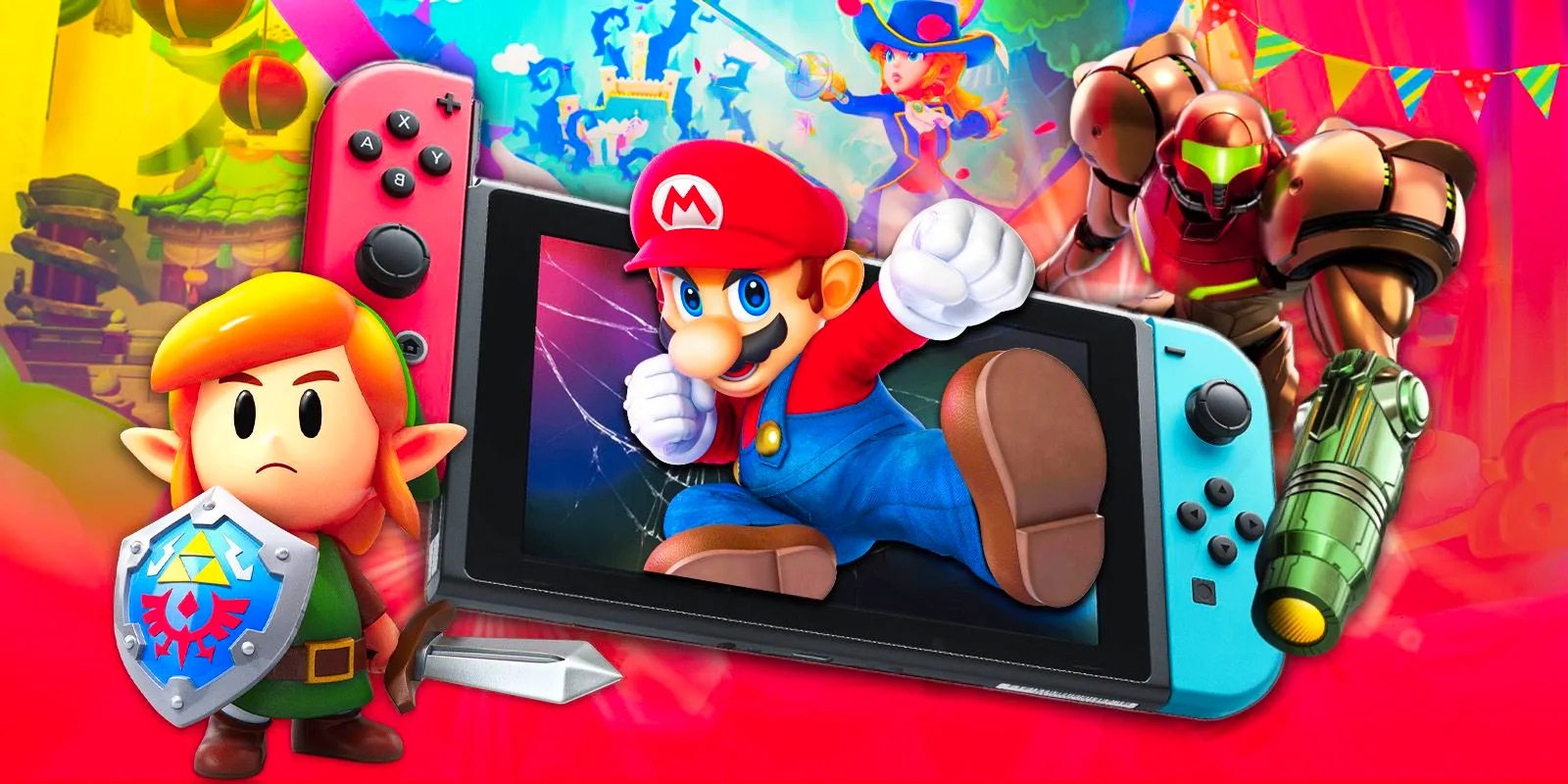 Nintendo Switch surrounded by Mario, Link, and Samus. Image