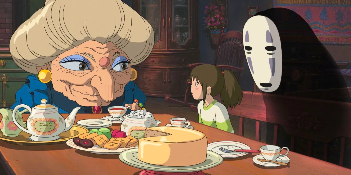 No-Face and Chihiro sitting at a table with Zeniba having tea and snacks in Spirited Away. Image